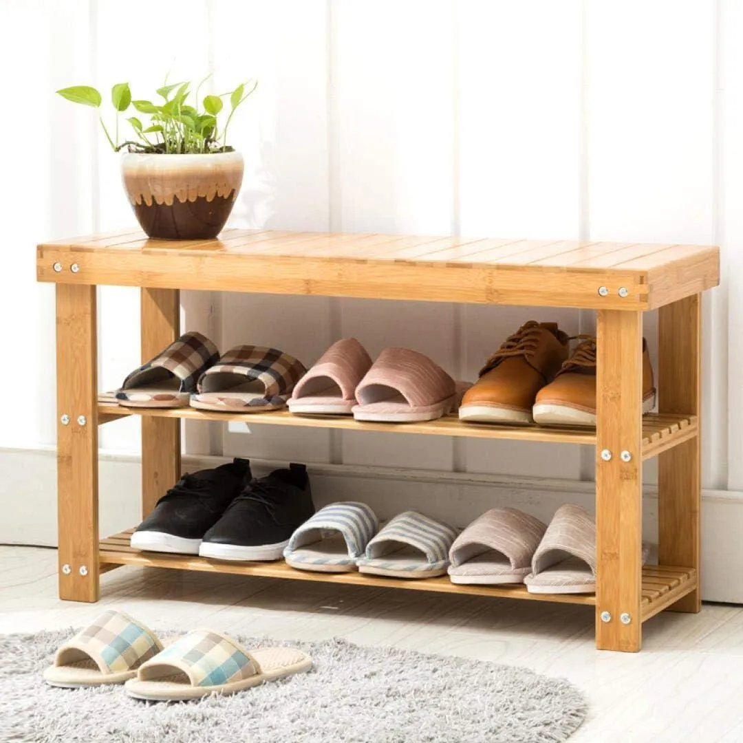 2-Tier Bamboo Shoe Rack Bench 27.5" Entryway Shelf Organizer Storage Bench