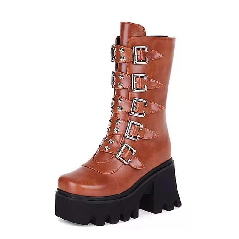 2021 Cool new mid-tube boots thick-soled high-heeled