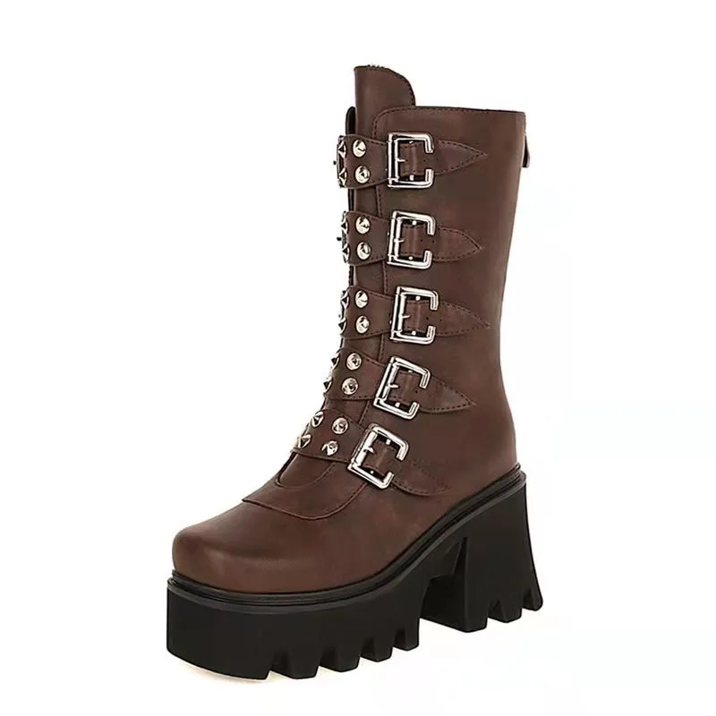 2021 Cool new mid-tube boots thick-soled high-heeled