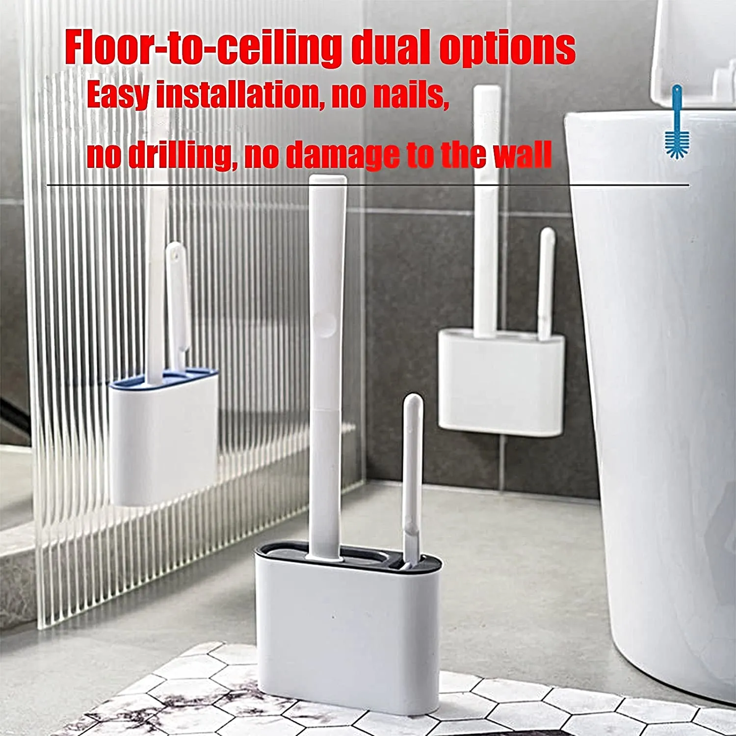 7683 Toilet Brush Set , Toilet Brush And Holder Set, Anti-Slip Handle Silicone Toilet Brush And Small Cleaning Brush ,