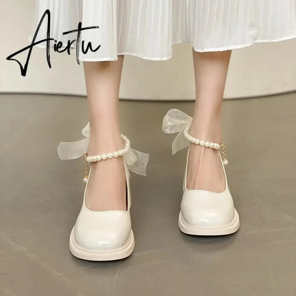 Aiertu  Women Pumps New Mary Jane Shoes Beaded T-straps Square High Heel Platform Black Beige Retro Lolita Shoes Dress Party Shoes