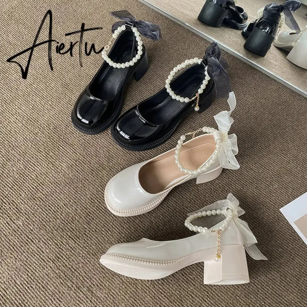 Aiertu  Women Pumps New Mary Jane Shoes Beaded T-straps Square High Heel Platform Black Beige Retro Lolita Shoes Dress Party Shoes