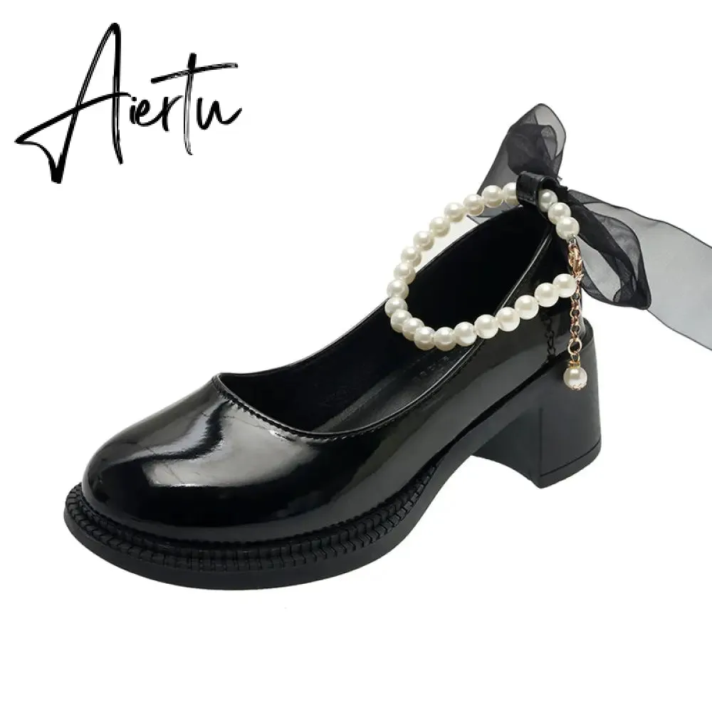 Aiertu  Women Pumps New Mary Jane Shoes Beaded T-straps Square High Heel Platform Black Beige Retro Lolita Shoes Dress Party Shoes