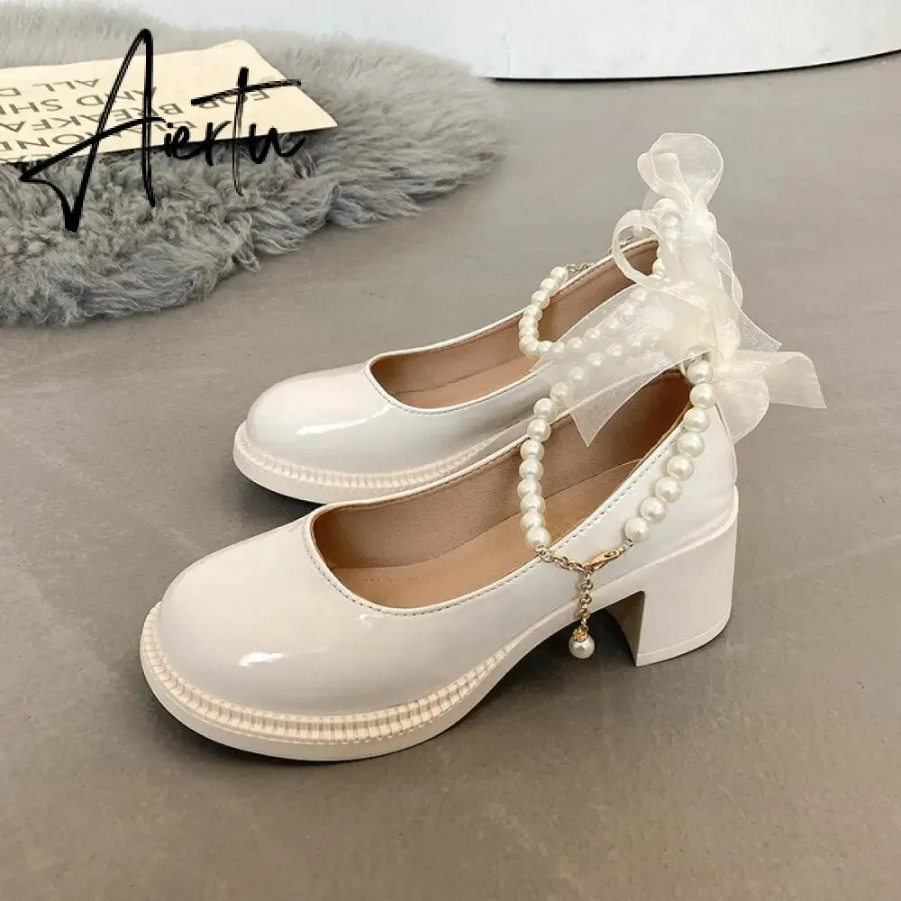 Aiertu  Women Pumps New Mary Jane Shoes Beaded T-straps Square High Heel Platform Black Beige Retro Lolita Shoes Dress Party Shoes