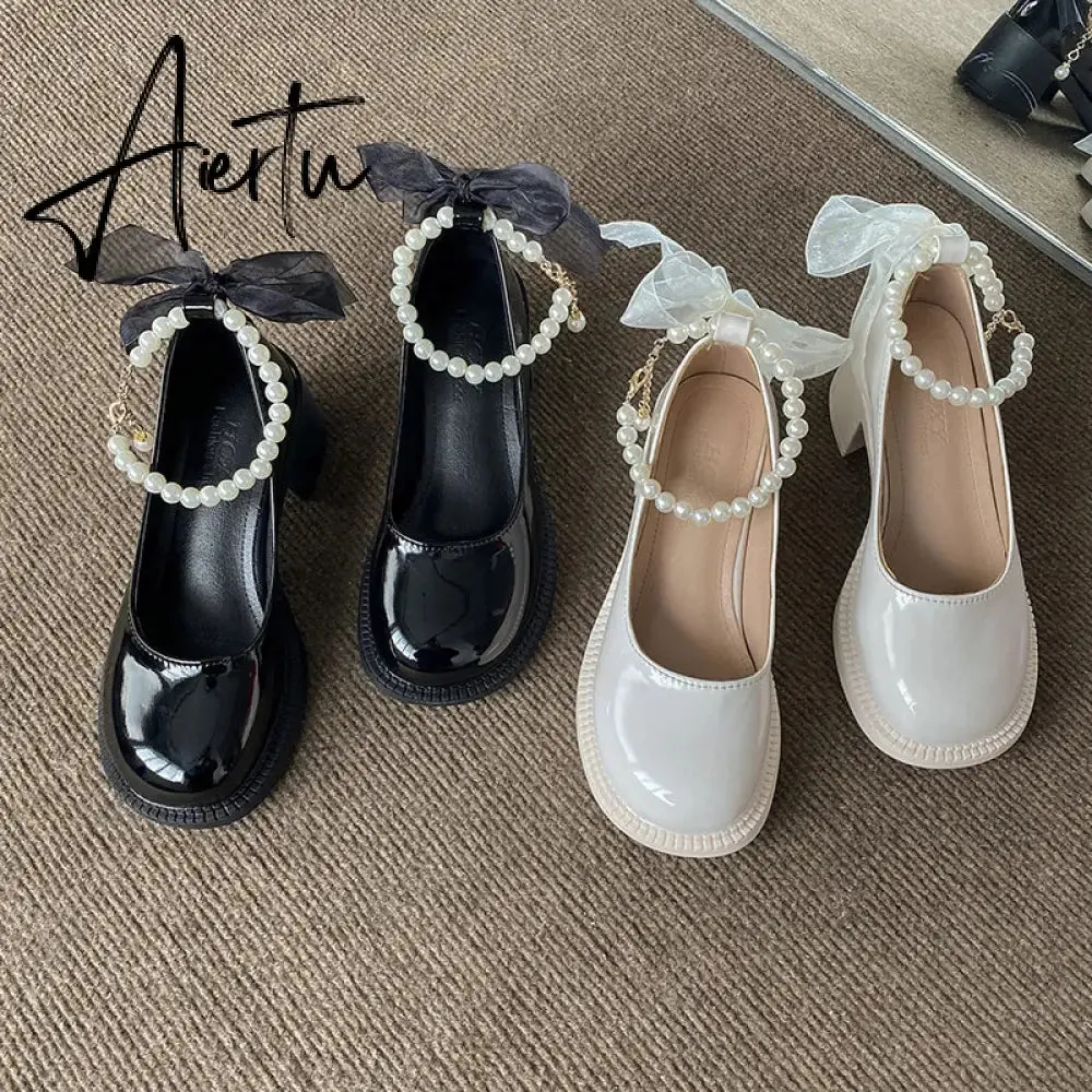 Aiertu  Women Pumps New Mary Jane Shoes Beaded T-straps Square High Heel Platform Black Beige Retro Lolita Shoes Dress Party Shoes