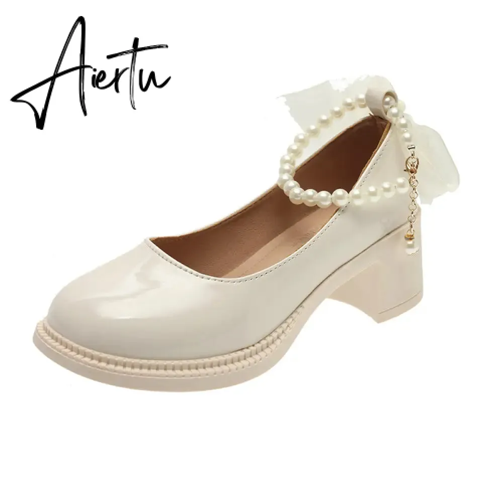 Aiertu  Women Pumps New Mary Jane Shoes Beaded T-straps Square High Heel Platform Black Beige Retro Lolita Shoes Dress Party Shoes