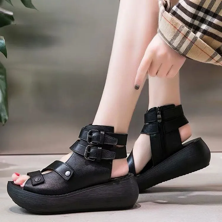 Amozae  Summer Fish Mouth Soft Roman Women Shoes Sandale Platform Heighten Shoe Wedges Sandals Retro Gladiator Sandals Women