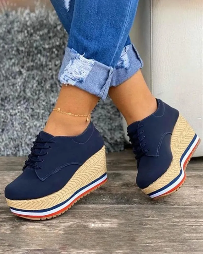 Amozae-Vulcanize Shoes Women Sneakers Ladies Solid Color Wedge Thick Shoes Round Toe Lace-Up Comfortable Platform Sneakers 2024 Fashion