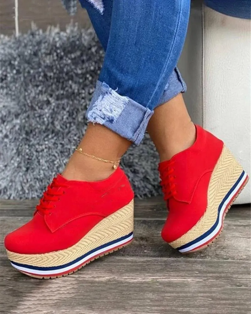 Amozae-Vulcanize Shoes Women Sneakers Ladies Solid Color Wedge Thick Shoes Round Toe Lace-Up Comfortable Platform Sneakers 2024 Fashion