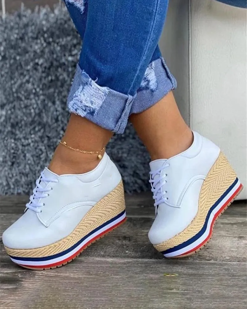 Amozae-Vulcanize Shoes Women Sneakers Ladies Solid Color Wedge Thick Shoes Round Toe Lace-Up Comfortable Platform Sneakers 2024 Fashion