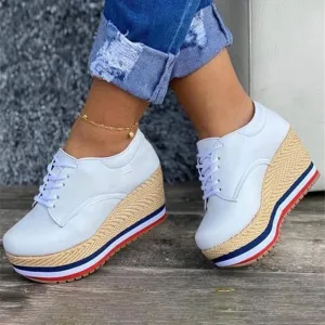 Amozae-Vulcanize Shoes Women Sneakers Ladies Solid Color Wedge Thick Shoes Round Toe Lace-Up Comfortable Platform Sneakers 2024 Fashion