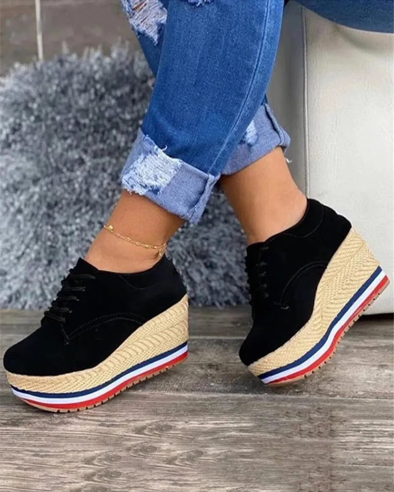 Amozae-Vulcanize Shoes Women Sneakers Ladies Solid Color Wedge Thick Shoes Round Toe Lace-Up Comfortable Platform Sneakers 2024 Fashion