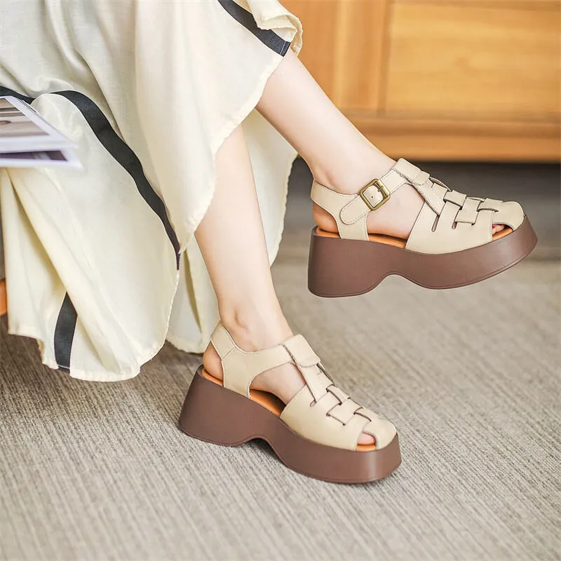 Ankle Strap Block Heel Leather Woven Sandal Gladiator Sandals in Apricot/Yellow