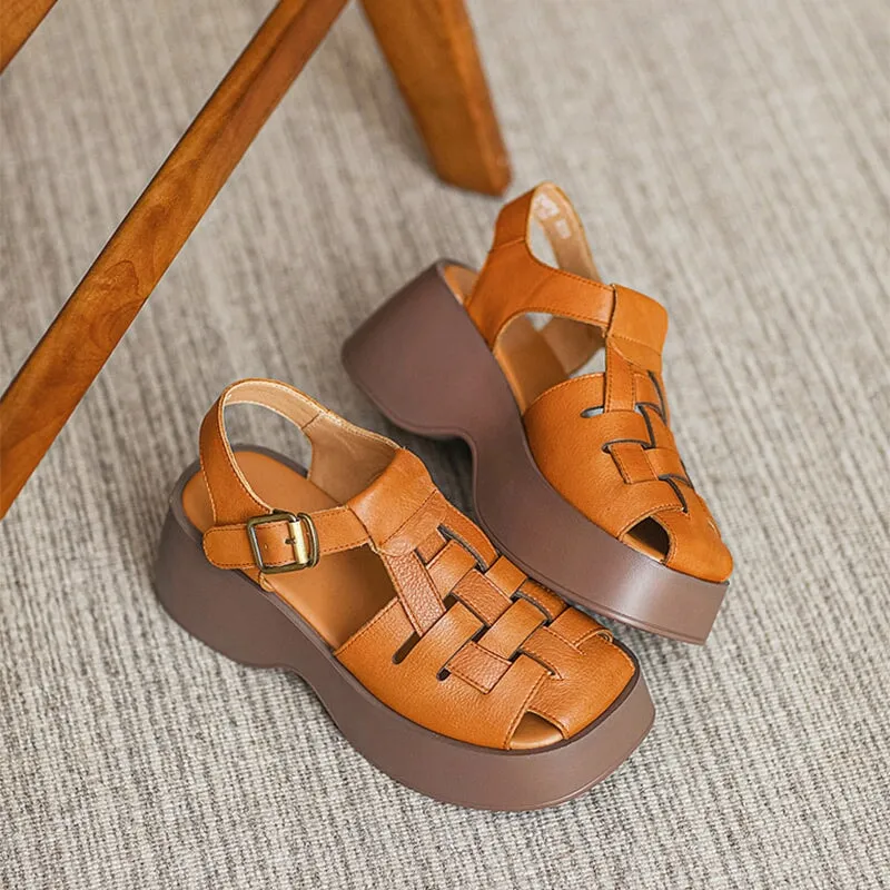 Ankle Strap Block Heel Leather Woven Sandal Gladiator Sandals in Apricot/Yellow