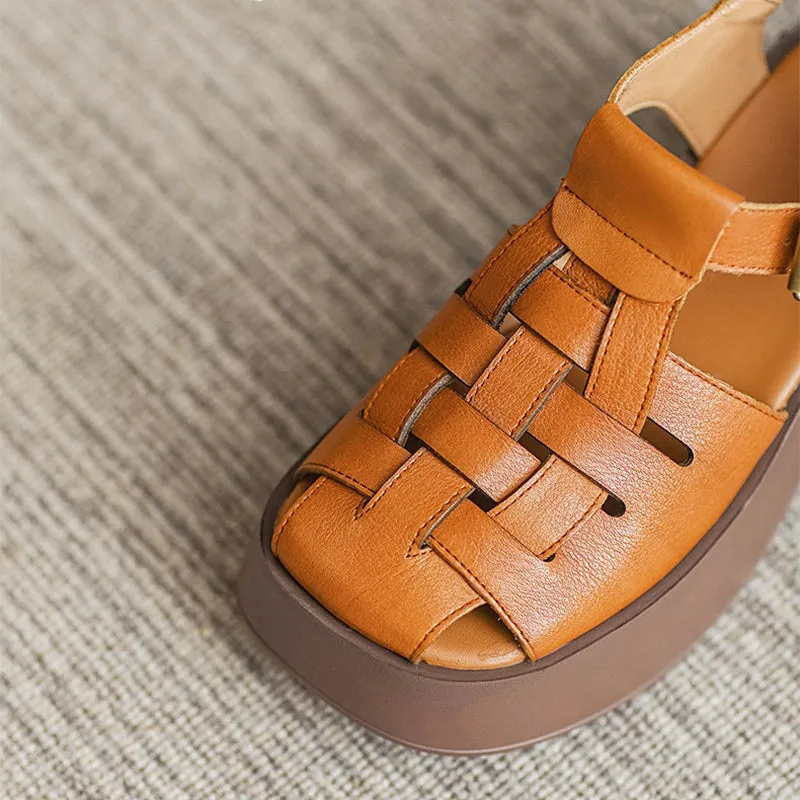 Ankle Strap Block Heel Leather Woven Sandal Gladiator Sandals in Apricot/Yellow