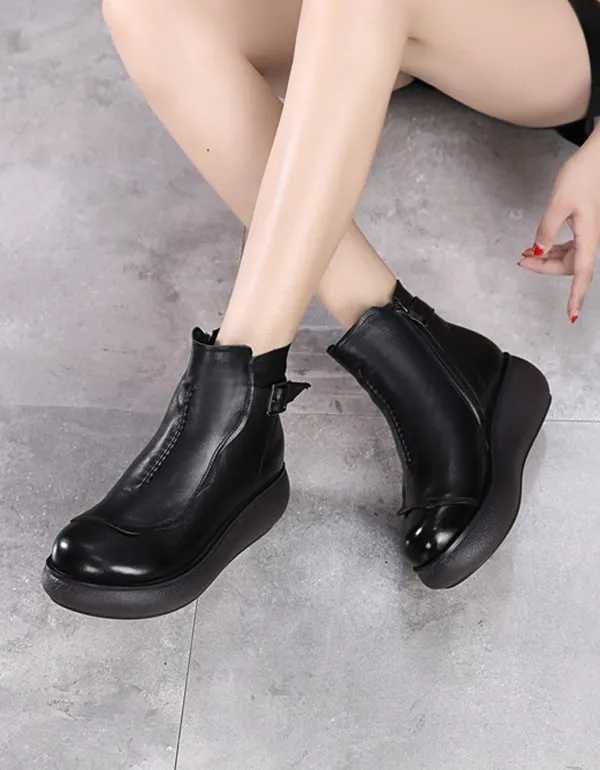 Autumn Winter Retro Leather Wedge Boots For Women