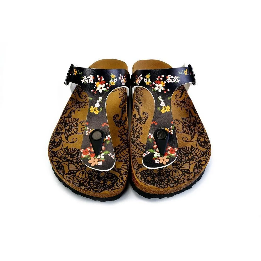 Black and Colored Flowers Patterned Sandal - CAL526