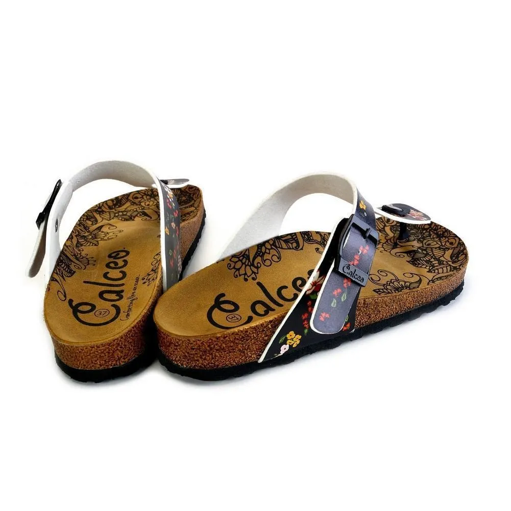 Black and Colored Flowers Patterned Sandal - CAL526