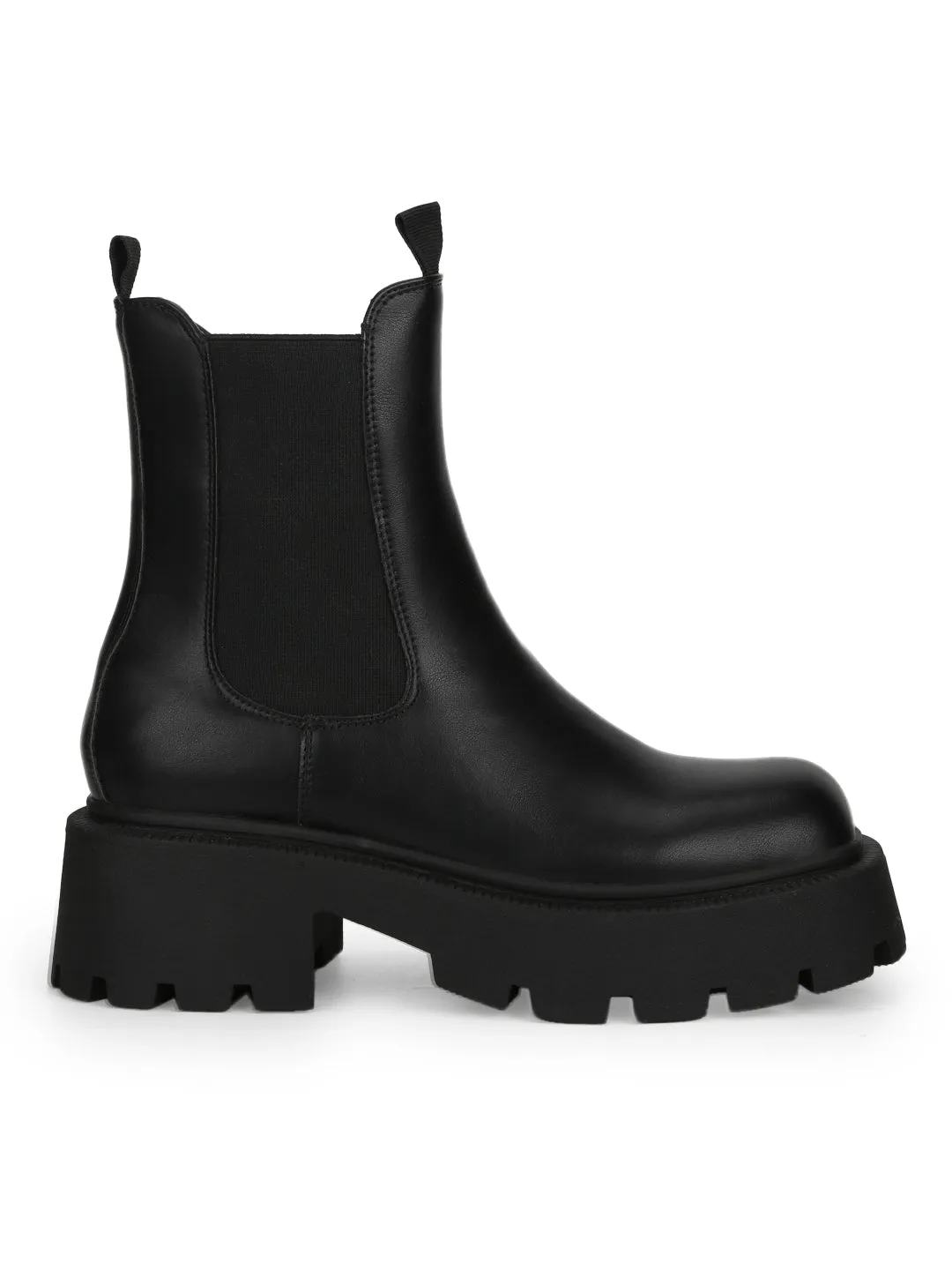 Black PU Slip On Chunky Oxford Ankle Boots