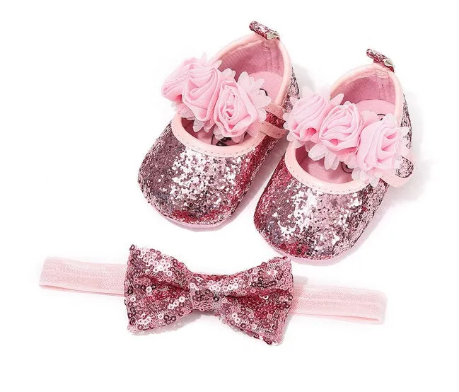 Brand New Newborn Infant Baby Girls Boys Summer Crib Shoes 3 Style Sequined Floral Flat Hook Princess Shoes Headband 2PCS.