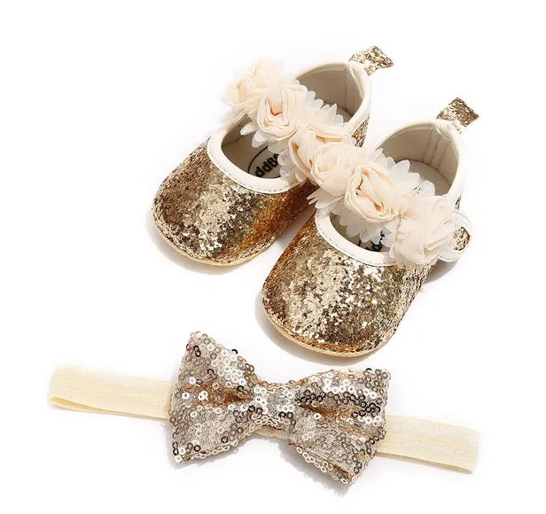 Brand New Newborn Infant Baby Girls Boys Summer Crib Shoes 3 Style Sequined Floral Flat Hook Princess Shoes Headband 2PCS.