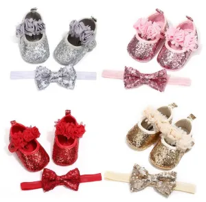 Brand New Newborn Infant Baby Girls Boys Summer Crib Shoes 3 Style Sequined Floral Flat Hook Princess Shoes Headband 2PCS.