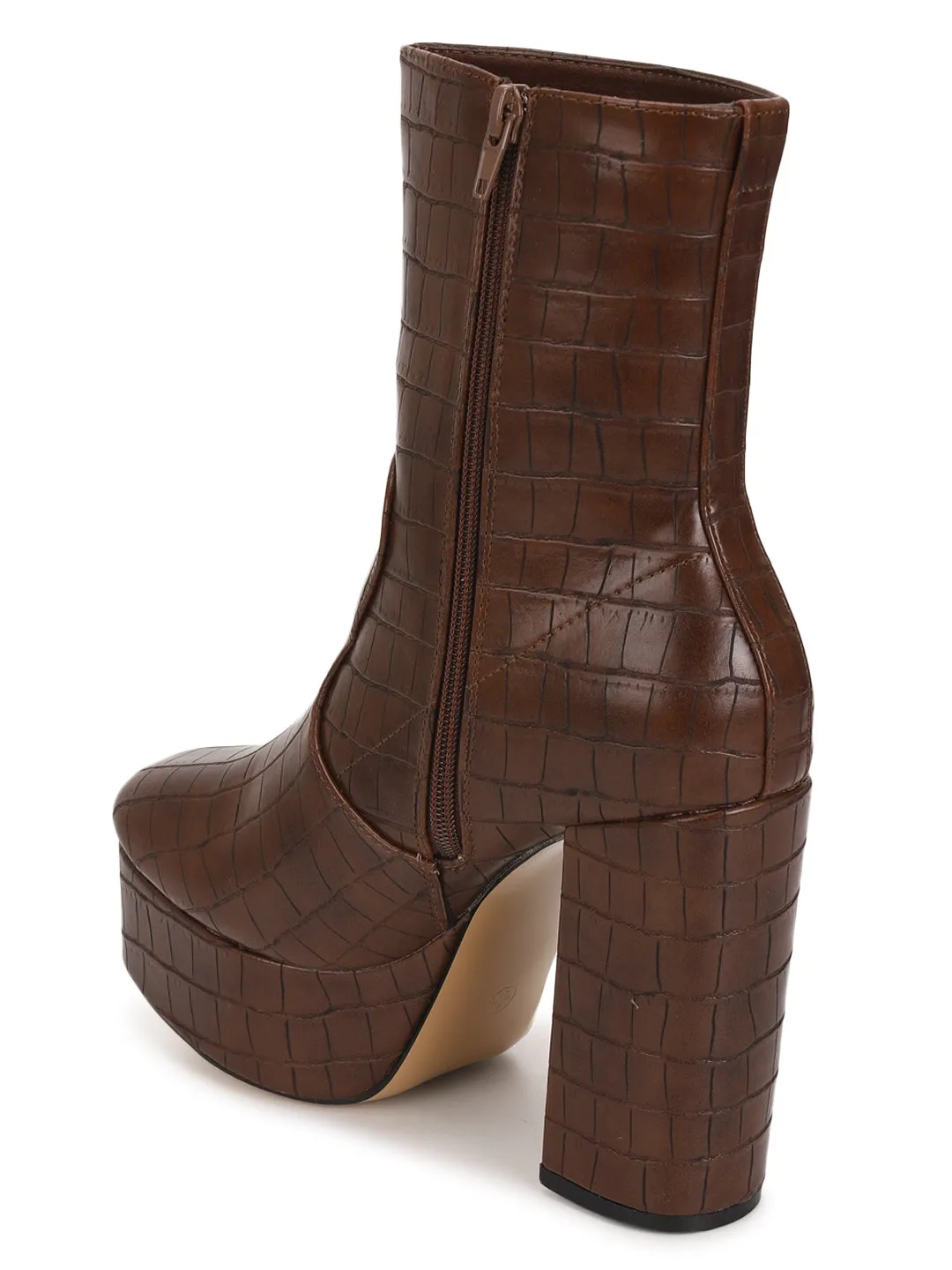 Brown Croc Block Heel Ankle Length Boots