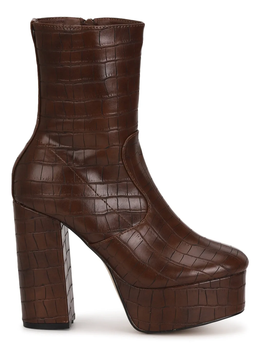 Brown Croc Block Heel Ankle Length Boots