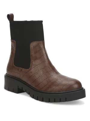 Brown Croc PU Cleated Bottom Ankle Boots