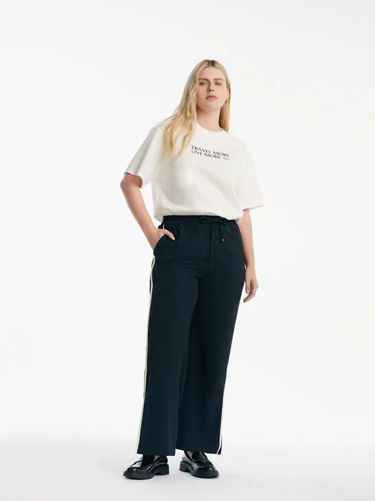 Contrast Trim Straight Women Pants With Elastic Waistband