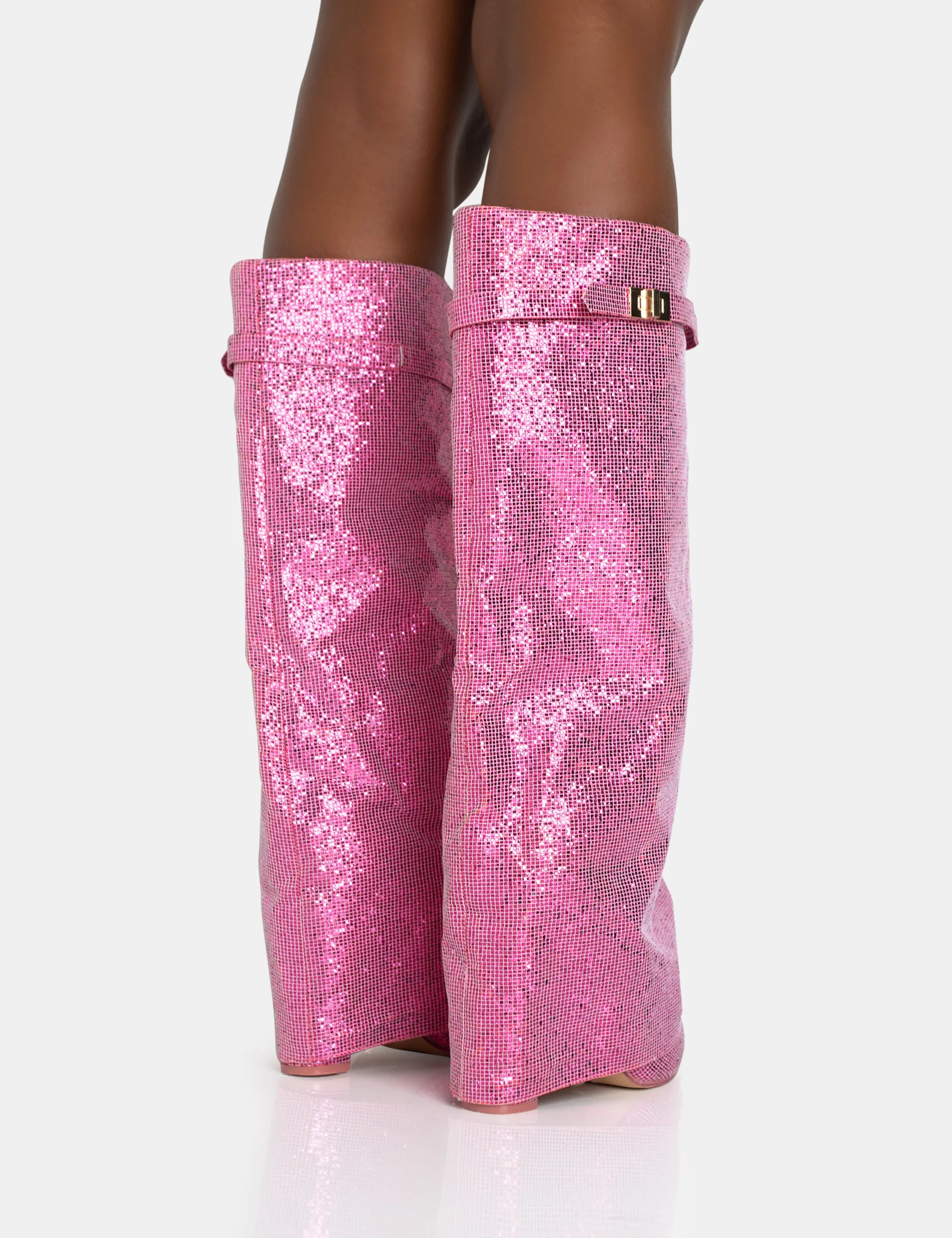 Echo Hot Pink Glitter Twist Lock Detail Fold Over Pointed Toe Knee High Boots