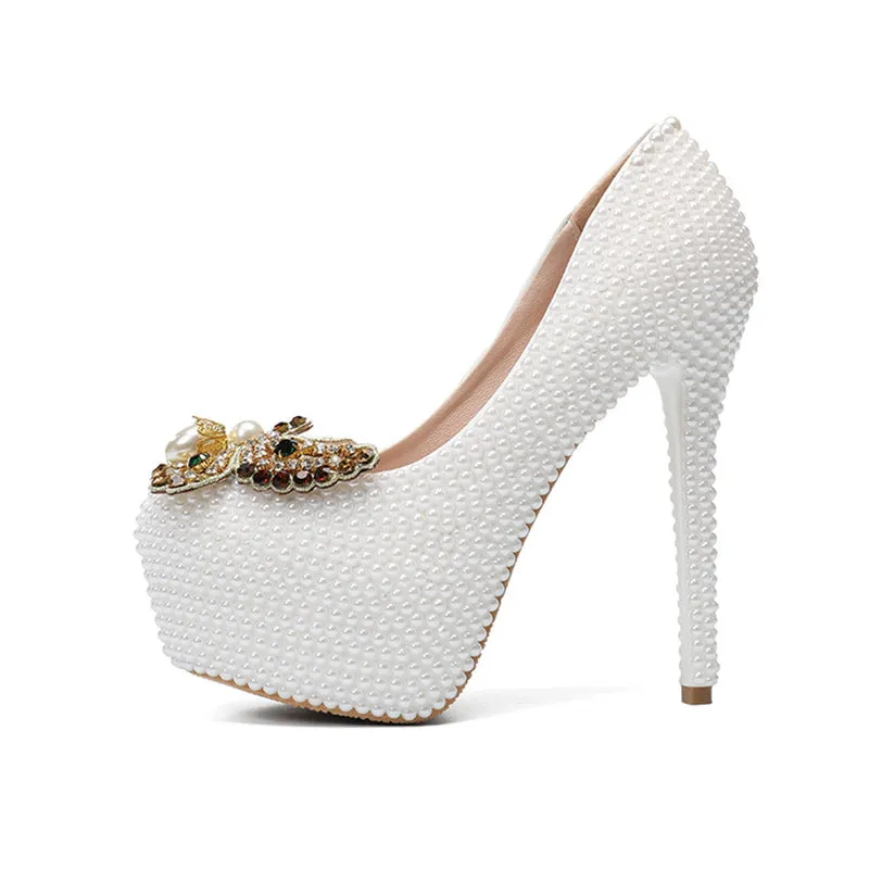 Elegant High Heel Shoes with Pearl Butterfly Bow - Plus Size Bridesmaid Shoes