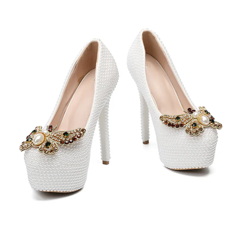 Elegant High Heel Shoes with Pearl Butterfly Bow - Plus Size Bridesmaid Shoes