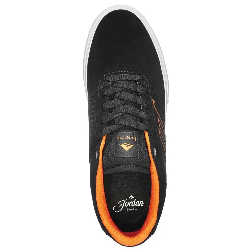 Emerica The Low Vulc Jordan Powell Black White Orange Suede Skate Shoes