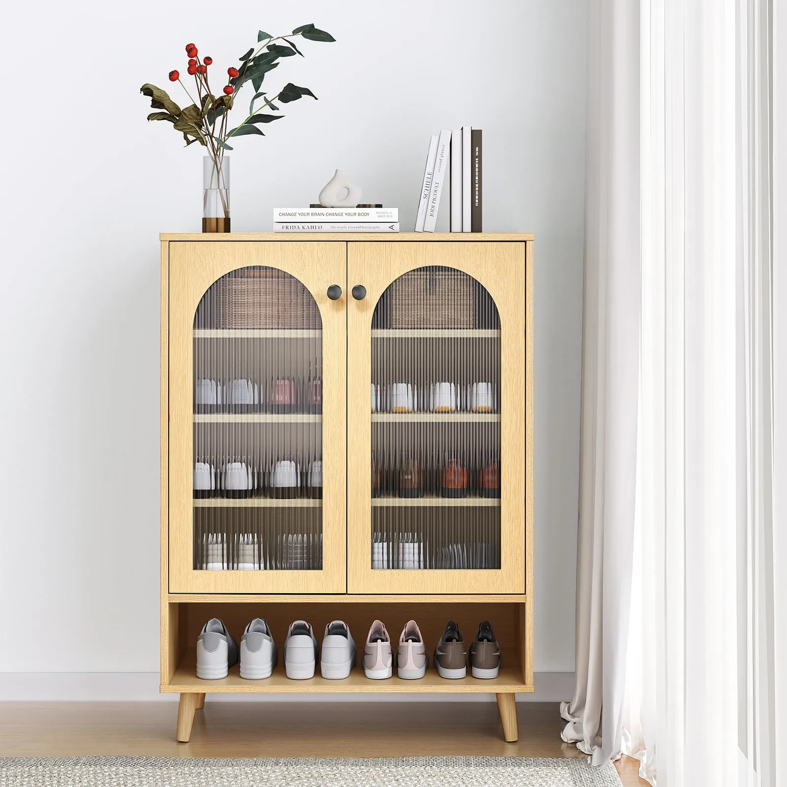 everyday Boho Shoe Cabinet, Shoe Storage Cabinet with 5 Adustable Shelves Natural Rattan Slim Shoe Organizer Rack Narrow Entrance Shoes Console with Wood Legs for Entryway, Hallway