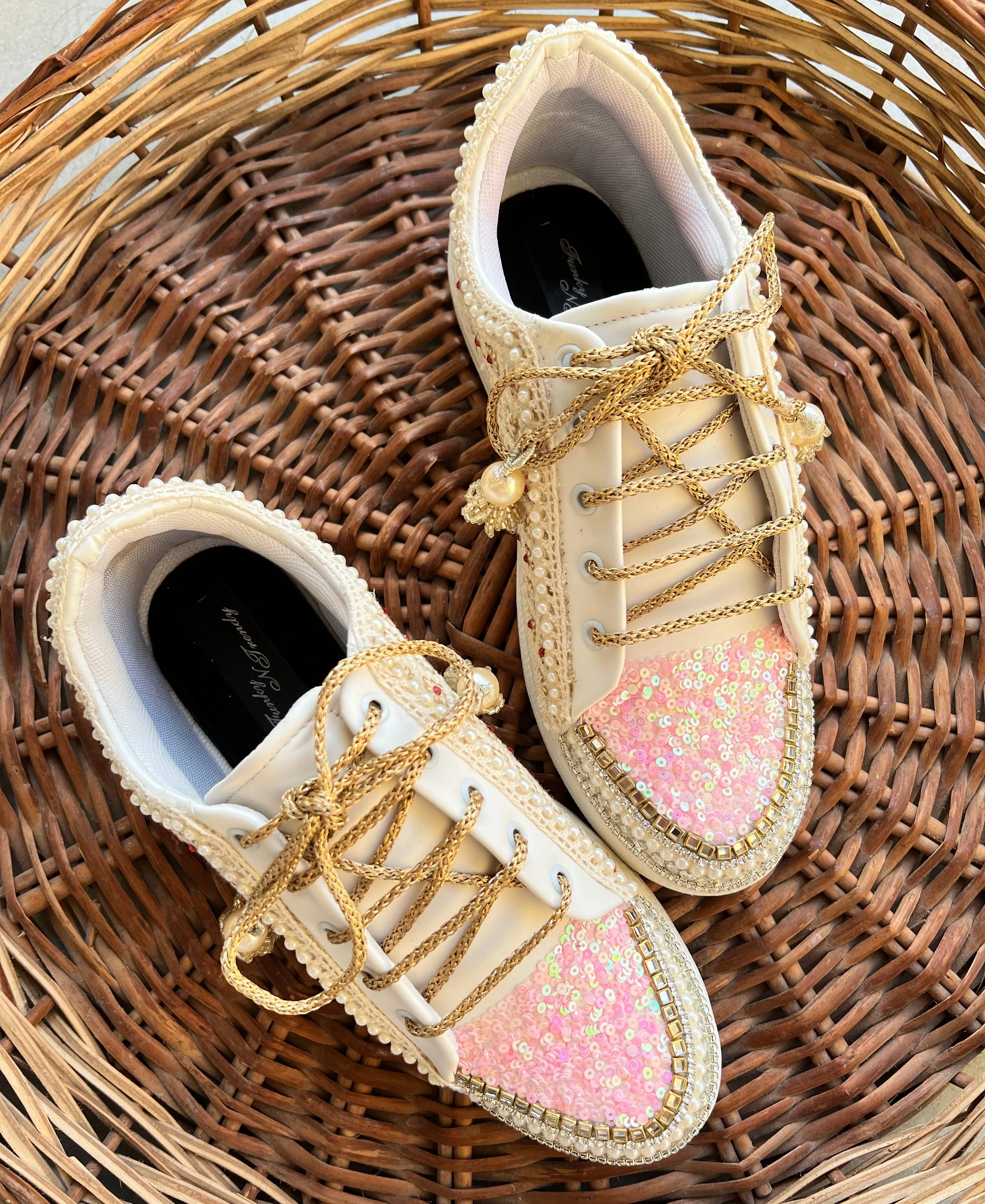 Funky N Trendy ivory and pink embroidery work bridal sneakers/ bridesmaid sneaker / golden sneakers/ pink sneakers / sequine work sneakers/ pink shoes