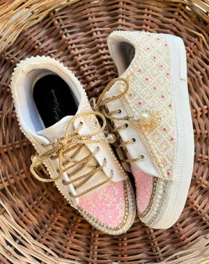 Funky N Trendy ivory and pink embroidery work bridal sneakers/ bridesmaid sneaker / golden sneakers/ pink sneakers / sequine work sneakers/ pink shoes