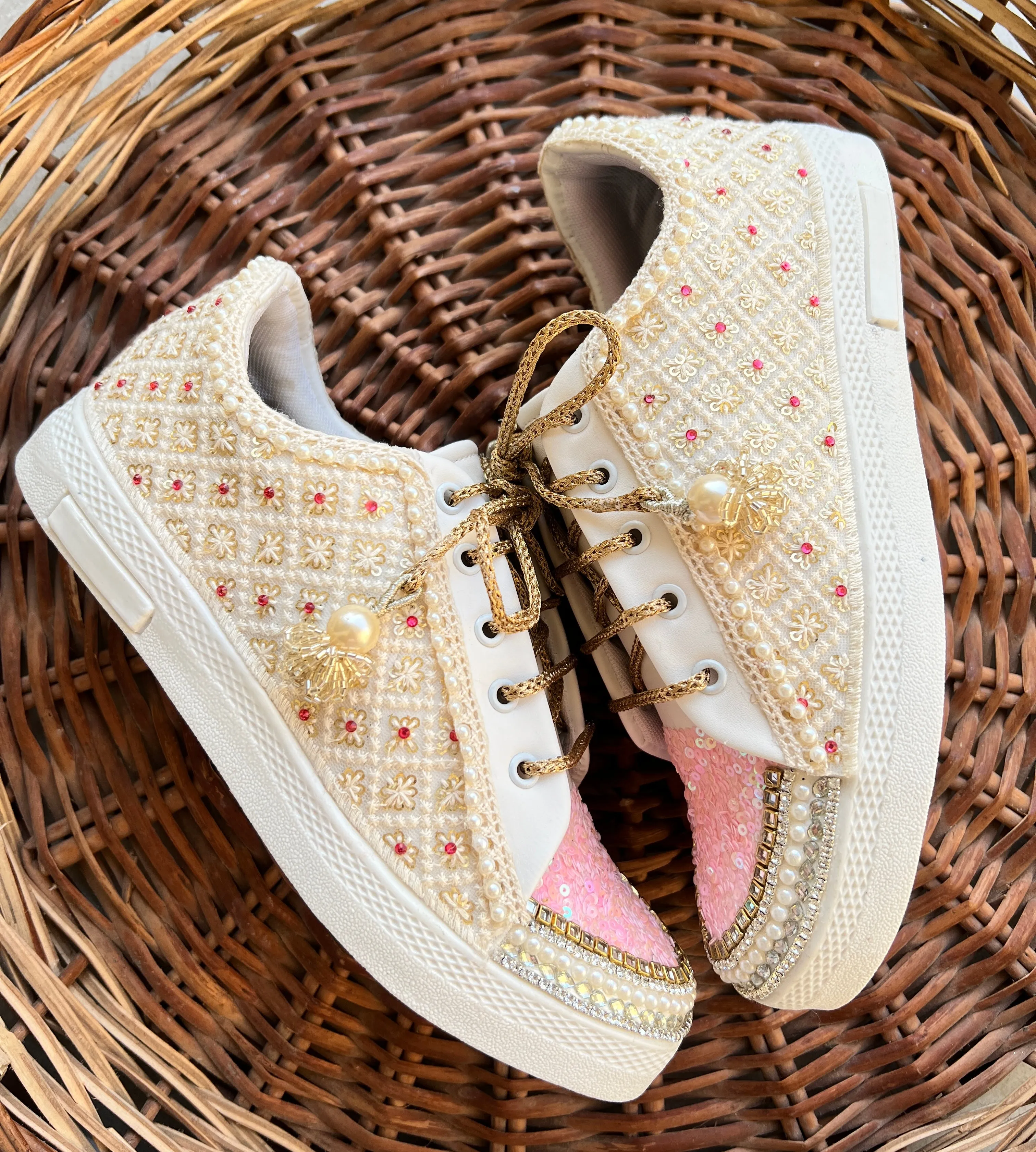 Funky N Trendy ivory and pink embroidery work bridal sneakers/ bridesmaid sneaker / golden sneakers/ pink sneakers / sequine work sneakers/ pink shoes