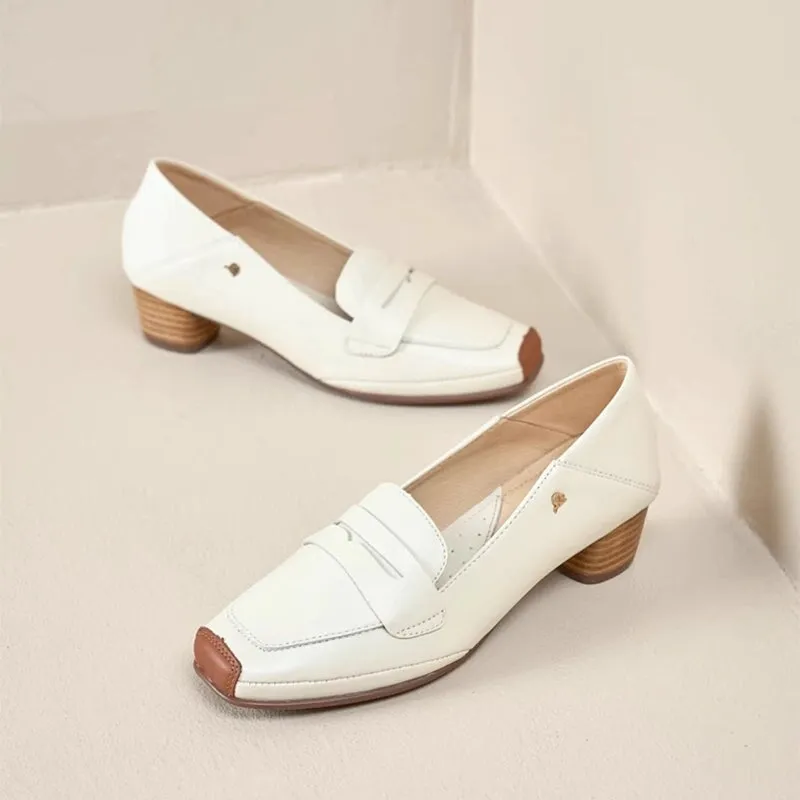 Handmade Ballet Square Toe Loafer Pumps In Brown/White