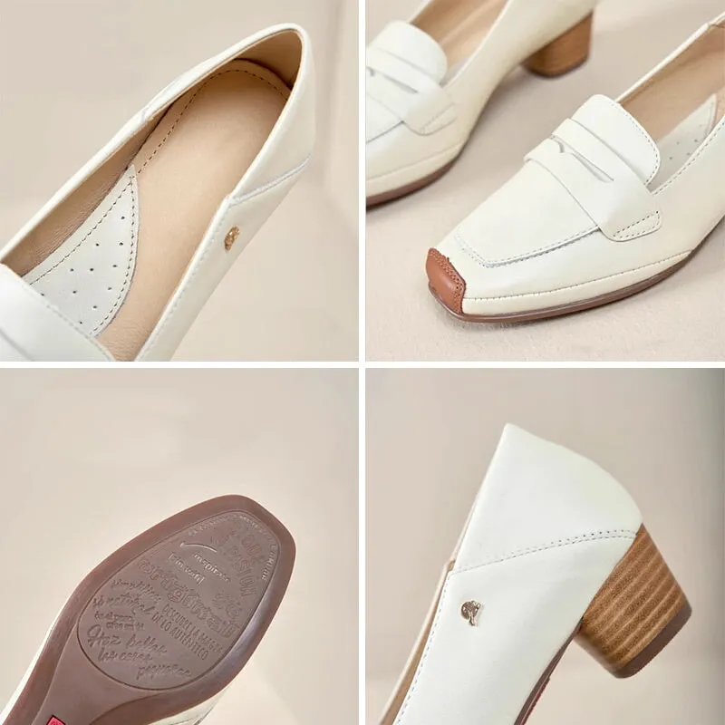 Handmade Ballet Square Toe Loafer Pumps In Brown/White