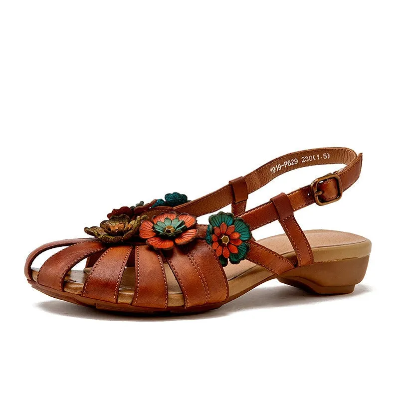 Handmade Leather Flats Women Wide Toe Flowers Slingback Sandals in Red Brown