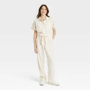 New - Women's Short Sleeve Linen Boilersuit - Universal Thread Cream 12