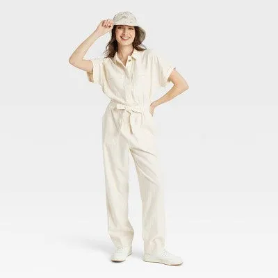 New - Women's Short Sleeve Linen Boilersuit - Universal Thread Cream 12