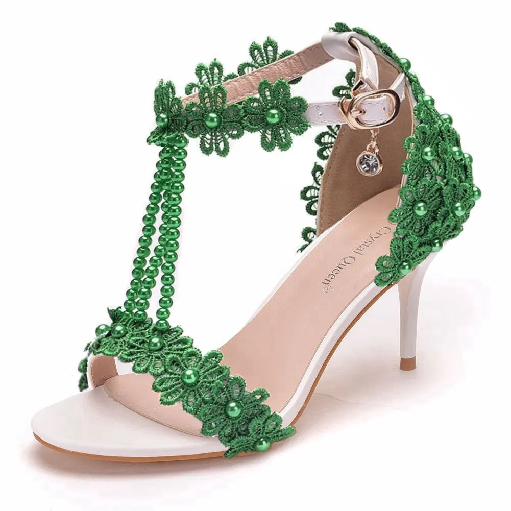 One Strap Beaded Lace Flowers Wedding Shoes High-heeled Sandals