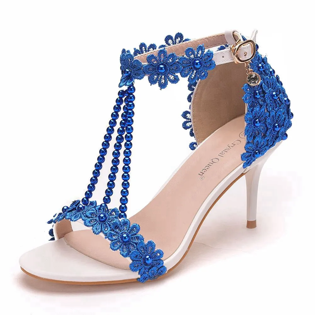 One Strap Beaded Lace Flowers Wedding Shoes High-heeled Sandals