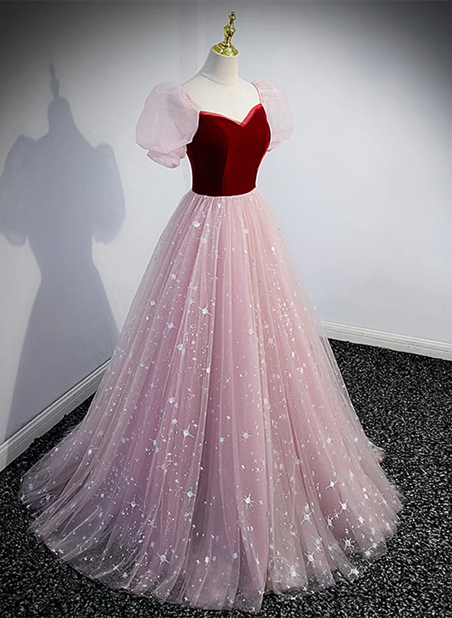 Pink Tulle with Wine Red Velvet Sweetheart Prom Dress, A-line Long Party Dress