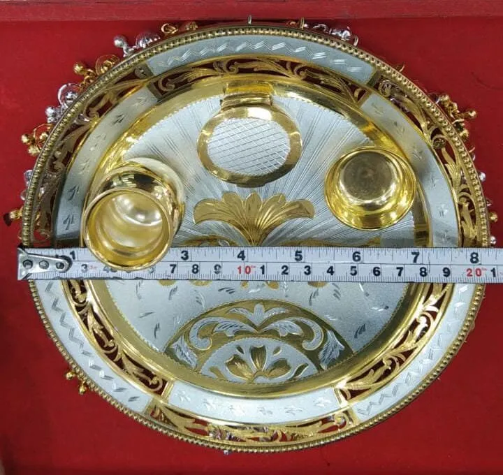 Pure Silver Gold Plated Handmade Fancy Designer - 8 Inch Thali Set with Small Bowl, Oval Shape Sindoor Dabbi and Small kalash (Loti)