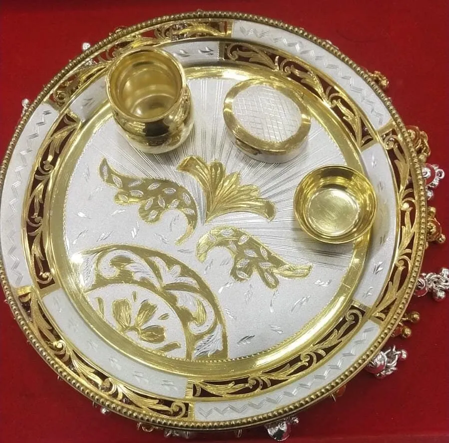 Pure Silver Gold Plated Handmade Fancy Designer - 8 Inch Thali Set with Small Bowl, Oval Shape Sindoor Dabbi and Small kalash (Loti)