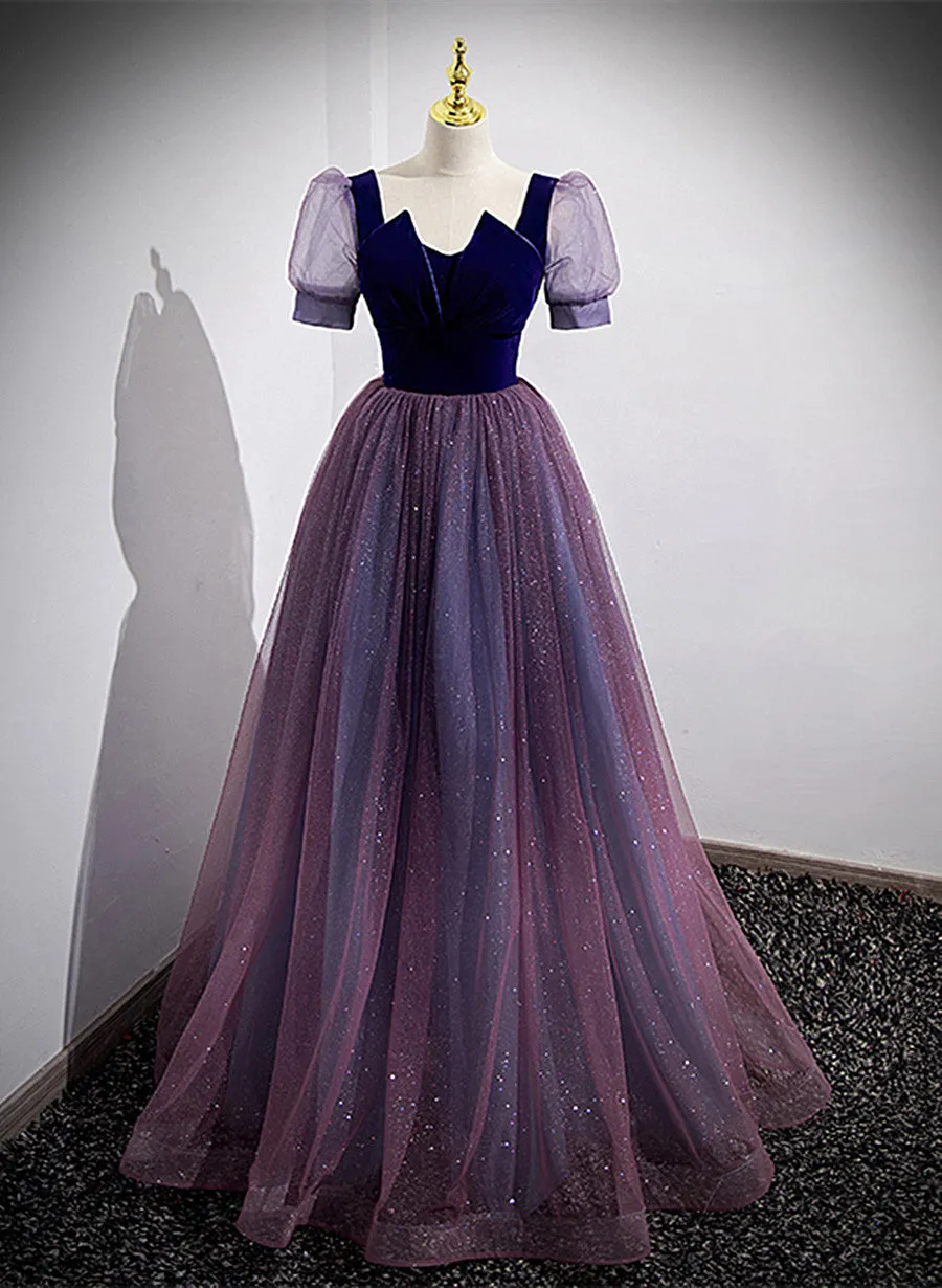 Purple Velvet and Tulle Short Sleeves Evening Dress, Purple A-line Formal Dress Prom Dress