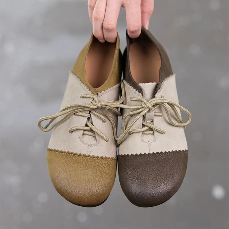 Retro Round Toe Flats For Women Lace Up Shoes In Khaki/Grey